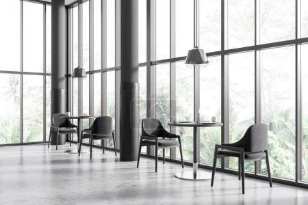 Téléchargez les photos : Dark cafe interior with chairs and round table with dishes, side view on grey concrete floor. Dining corner with minimalist furniture. Panoramic window on tropics. 3D rendering - en image libre de droit