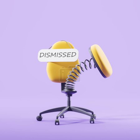 Téléchargez les photos : Office armchair with spring and dismissed banner on purple background. Concept of fired and job loss. 3D rendering - en image libre de droit