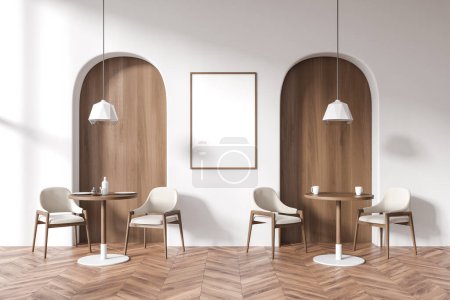 Foto de White modern cafe interior, private place with chairs and arch wall, hardwood floor. Mockup canvas poster. 3D rendering - Imagen libre de derechos