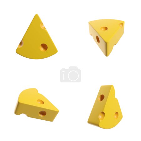 Foto de Four yellow cheese pieces on white background. Concept of food and ingredient. 3D rendering - Imagen libre de derechos