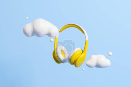 Téléchargez les photos : Yellow wireless headphones clouds on blue background. Concept of music, playlist and atmos. 3D rendering - en image libre de droit