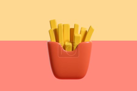Foto de French fries in mock up empty red package on colorful background. Concept of fast food. 3D rendering - Imagen libre de derechos