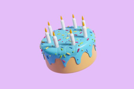 Téléchargez les photos : Top view of full cartoon cake with candles on purple background. Concept of holiday and birthday party. 3D rendering - en image libre de droit