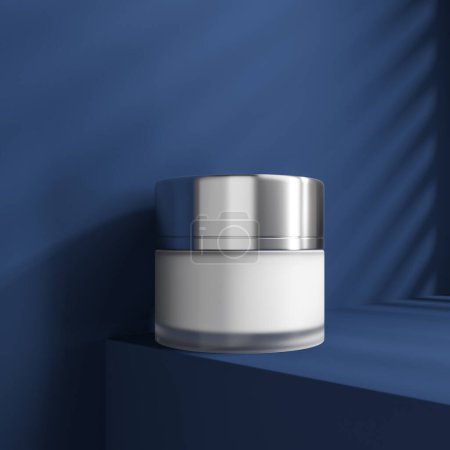 Téléchargez les photos : Cream bottle with abstract shadow on dark blue background. Concept of skin care. Mockup for product presentation. 3D rendering - en image libre de droit