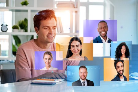 Photo for Young smiling man talking on a video call, double exposure business people portraits. Concept of distance conference and recruitment - Royalty Free Image