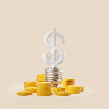 Téléchargez les photos : Abstract dollar light bulb and stack of gold coins, beige background. Concept of electricity and payment. 3D rendering - en image libre de droit