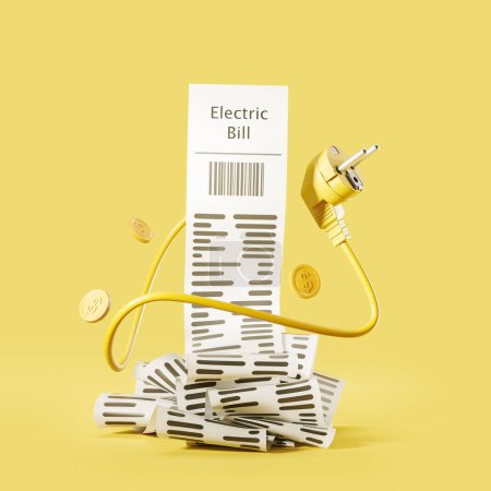 Photo for Yellow electrical cord and long electrical bill with gold coins, yellow background. Concept of electricity and payment. 3D rendering - Royalty Free Image