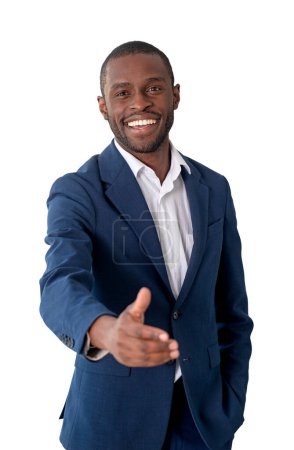 Téléchargez les photos : Black happy businessman in blue formal suit, stretching out a hand to shake. Isolated over white background. Concept of agreement and business deal - en image libre de droit