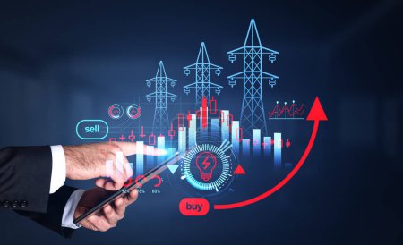 Businessman holding smartphone with hologram of power lines, bar and pie diagrams, candlesticks. Concept of troubleshooting of worldwide electricity energy crisis, power resources deficit, trading