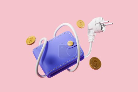 Foto de Wallet and white electrical cord with falling gold coins, pink background. Concept of electricity and high price. 3D rendering - Imagen libre de derechos