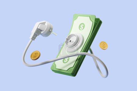 Foto de White electrical cord plug into socket with dollar banknote, falling gold coins. Concept of expensive electricity. 3D rendering - Imagen libre de derechos