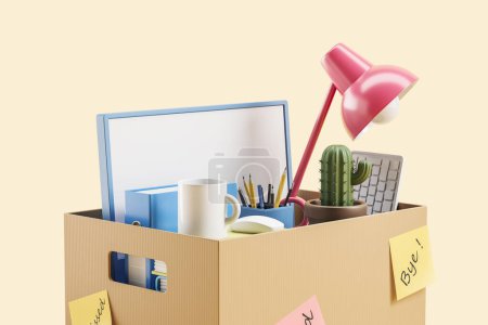 Foto de Carton box with office supplies packed on beige background. Concept of fired and dismissed. 3D rendering - Imagen libre de derechos