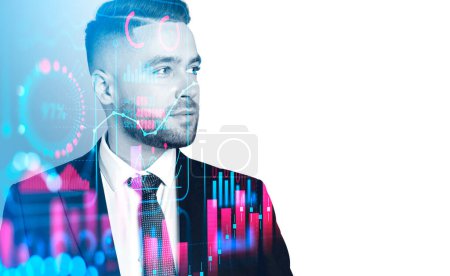 Photo for Smiling businessman silhouette on empty white background. Colorful forex hologram with business data analysis, double exposure. Concept of financial consultant. Copy space - Royalty Free Image