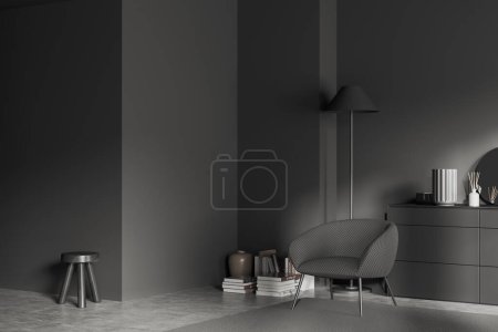 Photo for Corner view on dark living room interior with armchair, sideboard, round mirror, crockery, books, stool, grey wall, concrete floor. Concept of minimalist design. Place for meeting. 3d rendering - Royalty Free Image