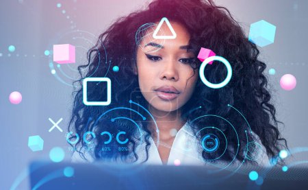 Black businesswoman working with laptop, double exposure with colorful metaverse hologram with data blocks and digital glowing analysis. Concept of virtual reality