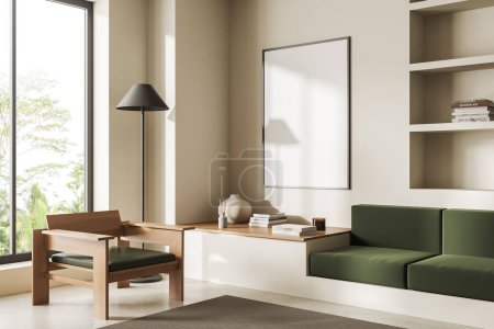 Photo for Corner view on bright living room interior with empty white poster, armchair, sofa, shelf, panoramic window, white wall, concrete floor. Minimalist design. Place for meeting. Mock up. 3d rendering - Royalty Free Image