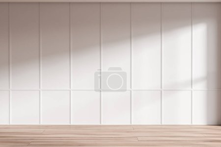 Téléchargez les photos : Bright empty room interior with empty white wall, oak wooden hardwood floor. Concept of spacious place made for creative idea. 3d rendering - en image libre de droit