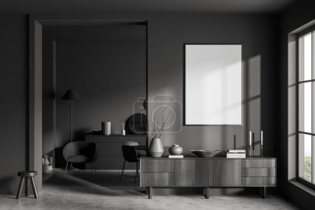 Photo for Dark living room interior two armchairs and dresser on grey concrete floor. Panoramic window on countryside. Mock up canvas poster. 3D rendering - Royalty Free Image