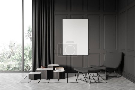 Téléchargez les photos : Front view on dark living room interior with empty white poster, armchair, panoramic window, books, grey wall, coffee table, oak wooden hardwood floor. Concept of minimalist design. 3d rendering - en image libre de droit