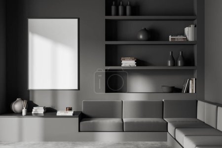 Téléchargez les photos : Front view on dark living room interior with empty white poster, sofa, shelf with books and crockery, grey wall, concrete floor. Minimalist design. Place for meeting. Mock up. 3d rendering - en image libre de droit
