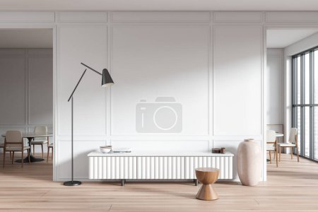 Photo for White living room interior with sideboard and minimalist decoration. Dining table and armchair on background, arch door and panoramic window. Copy space molding wall. 3D rendering - Royalty Free Image
