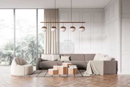 Foto de Light meeting room interior with sofa, armchair and coffee table on carpet, hardwood floor. White soft place with panoramic window on tropics. 3D rendering - Imagen libre de derechos
