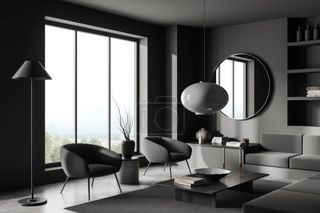 Téléchargez les photos : Dark living room interior with two armchairs and sofa, side view. Coffee table and shelf with art decoration. Panoramic window on countryside. 3D rendering - en image libre de droit