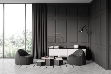Téléchargez les photos : Dark living room interior with two armchairs, carpet on grey hardwood floor. Sideboard and coffee table with minimal decoration. Panoramic window on tropics. 3D rendering - en image libre de droit