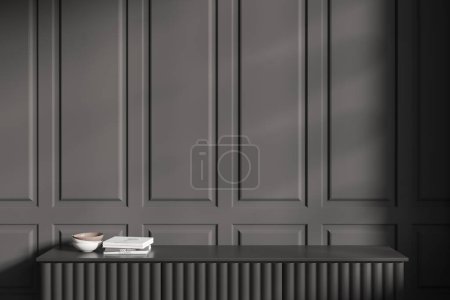 Photo for Dark living room interior with sideboard and books with decor. Stylish gallery space with copy space grey molding wall. 3D rendering - Royalty Free Image