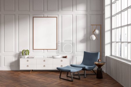 Téléchargez les photos : White living room interior armchair and sideboard with decor, bench on hardwood floor. Panoramic window on skyscrapers. Mock up canvas poster. 3D rendering - en image libre de droit