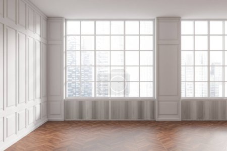 Photo for Modern empty living room interior with molding design and hardwood floor, panoramic window on skyscrapers. No furniture, no people. 3D rendering - Royalty Free Image