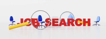 Téléchargez les photos : Job search red lettering and office armchairs on light grey background. Concept of job search and crisis. 3D rendering - en image libre de droit