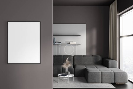 Téléchargez les photos : Dark living room interior with sofa, coffee table and shelf with decoration. Partition and panoramic window on city view. Mock up canvas poster. 3D rendering - en image libre de droit