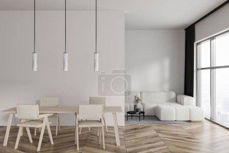 Foto de Stylish living room interior with dining table and chairs, hardwood floor. Sofa in the corner on carpet near panoramic window on city view. 3D rendering - Imagen libre de derechos