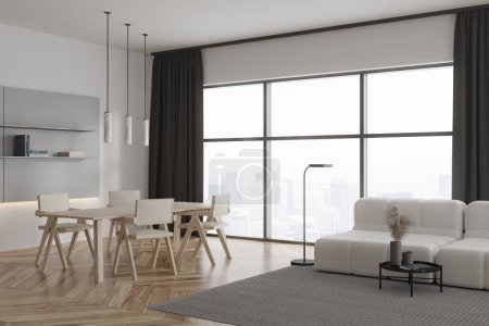 Téléchargez les photos : White living room interior with dining table and chairs, side view sofa with coffee table on carpet, hardwood floor. Panoramic window on skyscrapers. 3D rendering - en image libre de droit