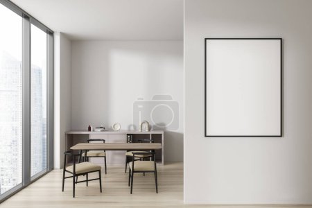 Photo for White living room interior with dining table and chairs, drawer on hardwood floor. Panoramic window on skyscrapers. Mockup blank poster on partition. 3D rendering - Royalty Free Image