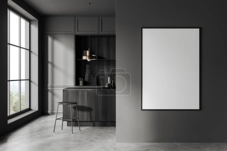 Téléchargez les photos : Dark kitchen interior with bar countertop and stool on grey concrete floor. Cooking area with shelves and kitchenware, panoramic window. Mock up canvas poster. 3D rendering - en image libre de droit
