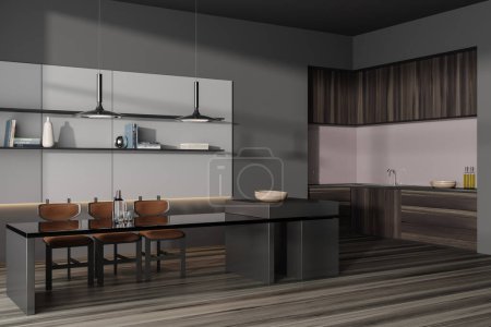 Téléchargez les photos : Dark kitchen interior with dining table and chairs, side view. Cooking corner with kitchenware, stylish decoration on shelf and modern furniture. 3D rendering - en image libre de droit