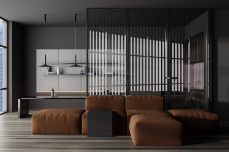 Foto de Dark studio interior with sofa and dining table with decor, glass partition. Panoramic window on skyscrapers, hardwood floor. 3D rendering - Imagen libre de derechos