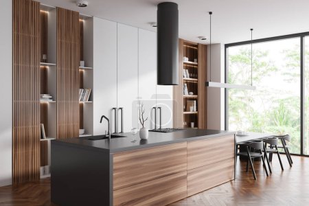 Photo for Corner view on bright kitchen room interior with dining table, panoramic window, armchairs, cupboard, shelves, white wall, hardwood floor, gas cooker, sink. Concept of minimalist design. 3d rendering - Royalty Free Image