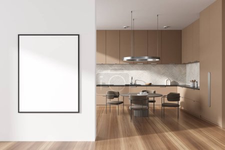 Photo for Front view on bright kitchen room interior with empty white poster, dining table, fridge, white wall, hardwood floor, electric cooker. Concept of minimalist design. Mock up. 3d rendering - Royalty Free Image