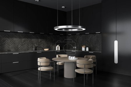 Photo for Dark kitchen interior with chairs and dining table on black hardwood floor, side view. Cooking corner with hidden shelves and kitchenware with fridge. 3D rendering - Royalty Free Image