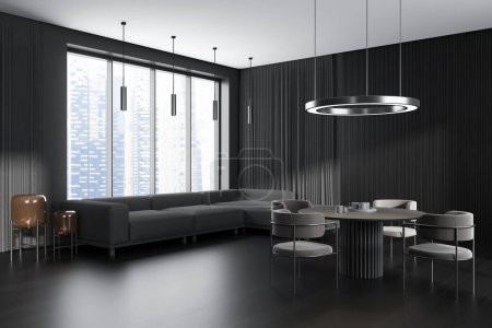 Photo for Dark living room interior with sofa and dining table with chairs, side view black hardwood floor. Panoramic window on Singapore skyscrapers. 3D rendering - Royalty Free Image
