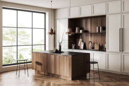 Photo for Beige kitchen interior with bar island and stool, side view on hardwood floor. Cabinet shelves with kitchenware and panoramic window on tropics. 3D rendering - Royalty Free Image