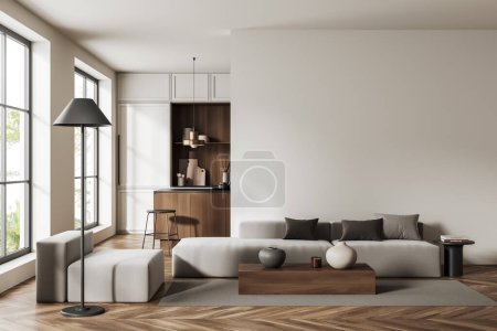 Front view on bright studio interior with sofa, empty white wall, panoramic windows, armchair, panoramic window, hardwood floor. Concept of minimalist design. Place for relax. 3d rendering