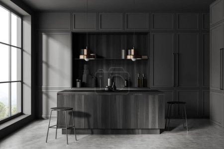 Foto de Modern dark kitchen interior with bar island and stool, cabinet shelves with kitchenware. Panoramic window on countryside. 3D rendering - Imagen libre de derechos