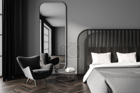 Téléchargez les photos : Front view on dark bedroom interior with bed, armchair, mirror with panoramic window, hardwood floor, grey wall. Concept of minimalist design. Space for chill and relaxation. 3d rendering - en image libre de droit