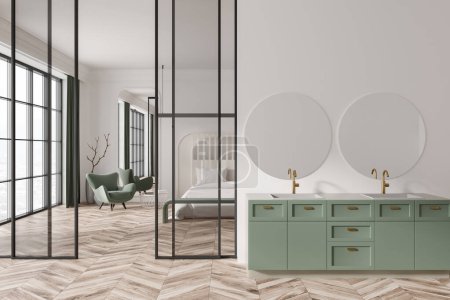 Téléchargez les photos : Front view on bright studio interior with bed, panoramic window, double sink, two mirrors, oak wooden hardwood floor, glass partition, white walls. Concept of chill and relaxation. 3d rendering - en image libre de droit