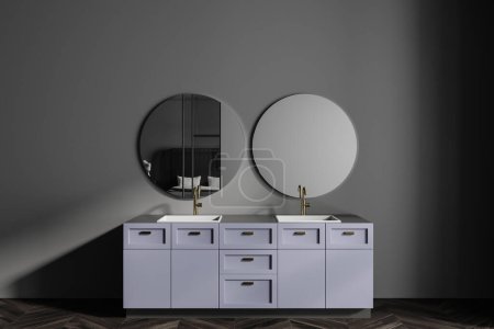 Téléchargez les photos : Front view on dark bathroom interior with double sink, two round mirrors with reflection, grey walls, oak wooden hardwood floor. Concept of water treatment. 3d rendering - en image libre de droit