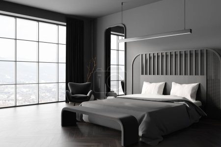 Photo for Dark hotel bedroom interior bed and armchair, side view. Panoramic window on Florence city view. Cozy sleeping corner with hardwood floor. 3D rendering - Royalty Free Image